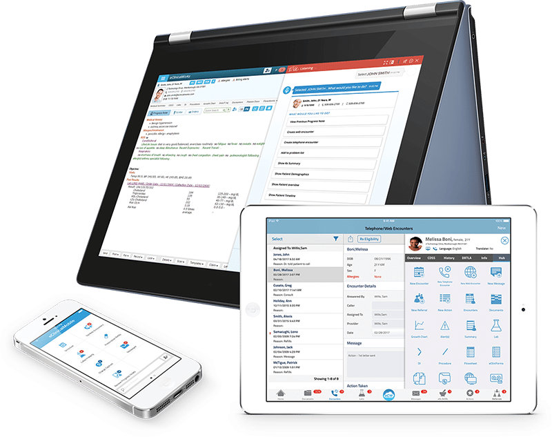 Screenshots of progress note and eva, eClinicalTouch, and eClinicalMobile on Laptop, Tablet, and smartphone
