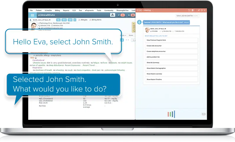 a screenshot of EVA on a laptop, with two speech bubbles overlaid. First speech bubble reads hello EVA, Select John Smith. Second speech bubble reads Selected John Smith. What would you like to do?