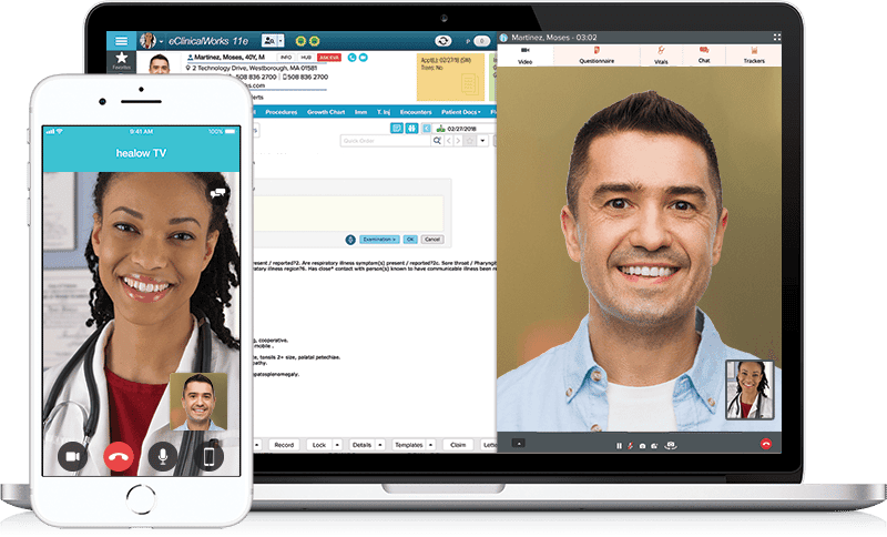 a screenshots of healow Televisits on a laptop showing the provider's view, and a smartphone showing the patient's view.