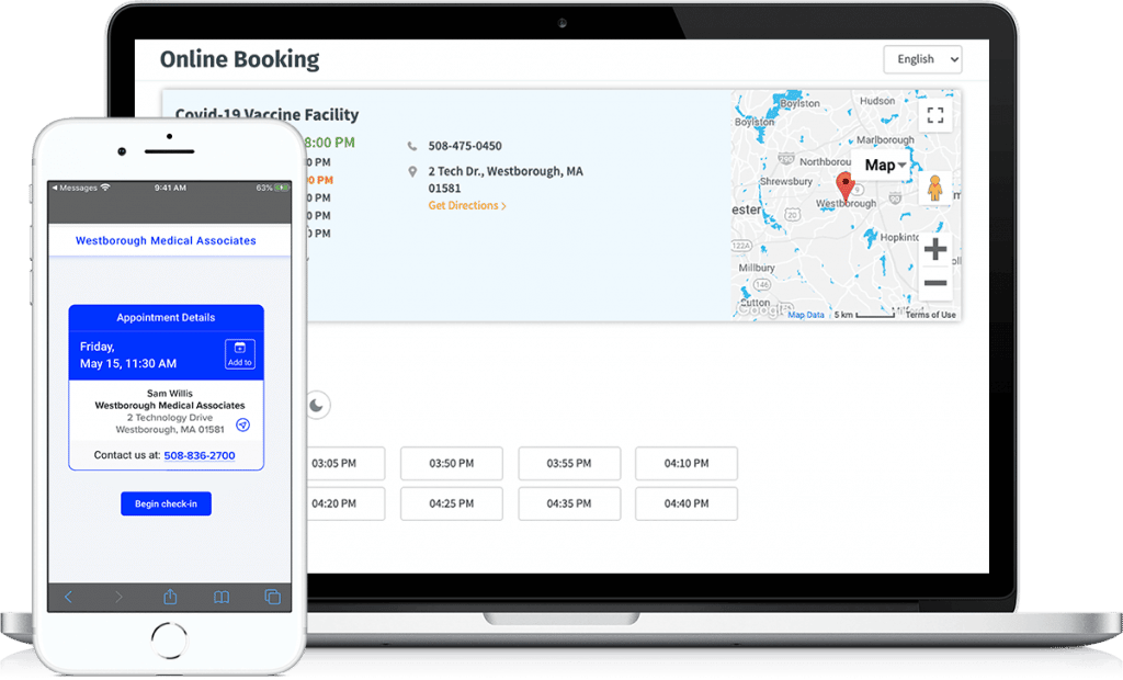 online-booking-vaccine-administration-management-system-screen-on-laptop-begin-check-in-on-mobile