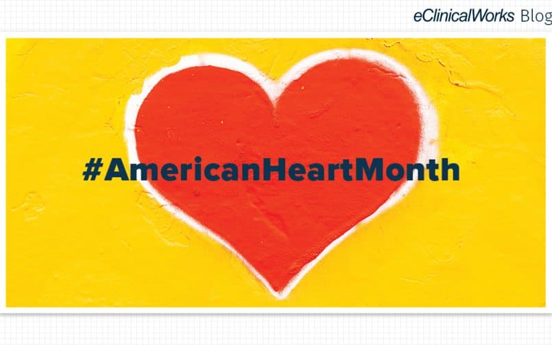 large red heart with a yellow background with the hashtag AmericanHeartMonth in the center