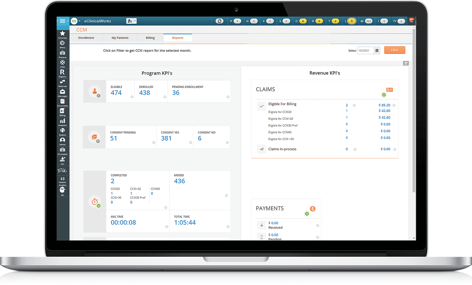 image of a laptop with a screenshot representing Chronic Care Management screen in eClinicalWorks