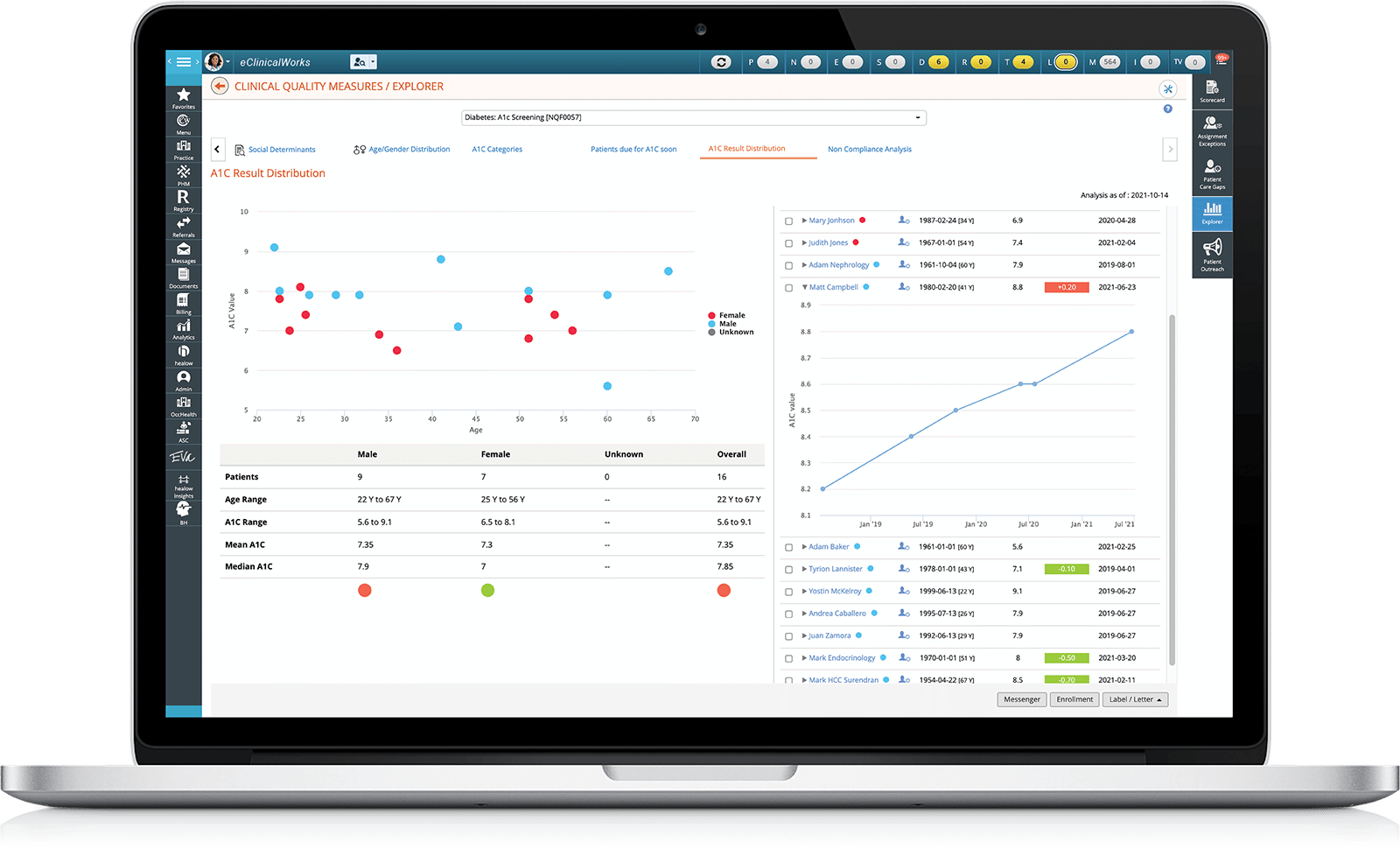 image of a laptop with a screenshot representing Disease Explorer screen in eClinicalWorks