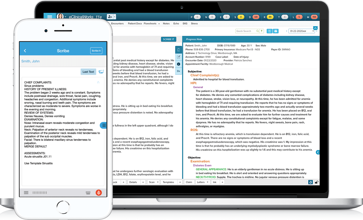 eClinicalWorks Scribe Product screenshots on a laptop and a smartphone devices