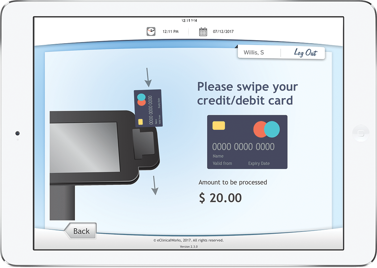 healow kiosk payment screenshot on tablet device