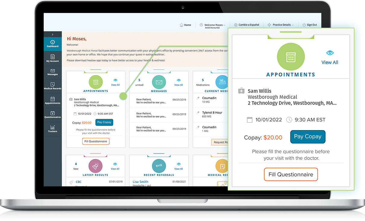 Patient Portal appointment copay screenshot on laptop