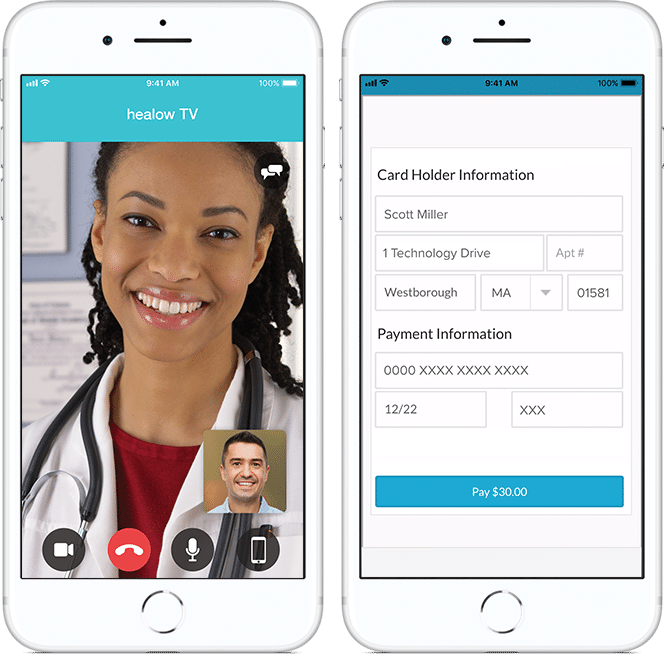 healow TeleVisits screenshot of doctor and patient on video call and screenshot of payment information on a smartphone Device