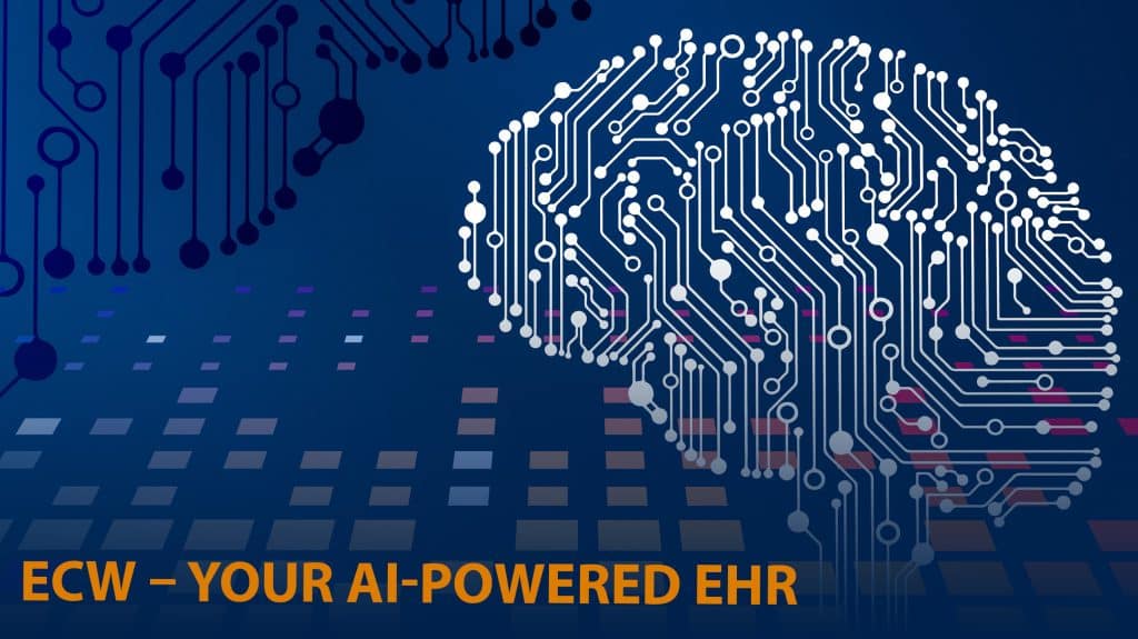 Graphic with a dark blue background and a white brain icon with the text: ECW – YOUR AI-POWERED EHR
