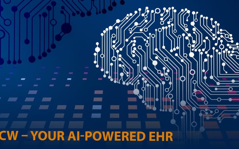 Graphic with a dark blue background and a white brain icon with the text: ECW – YOUR AI-POWERED EHR