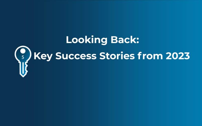 Blue ombre image with the text Looking back: 5 Key Success Stories from 2023, with the number 5 inside a key icon