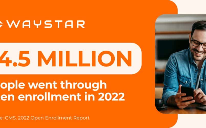 orange background with the Waystar logo and the text: 14.5 MILLION people went through open enrollment in 2022 Source: CMS, 2022 Open Enrollment Report with a man smiling down at his phone on the right side