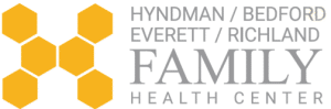 Hyndman/Bedford/Evertt/Richland Family Health Center logo with yellow hexagons in the shape of an H