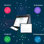 eClinicalWorks AI-powered EHR with three devices in the middle and lines out to icons for Sunoh.ai, AI Automation, Image AI and AI Assistant