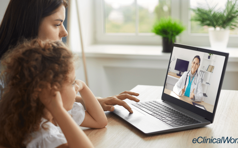 mother and daughter on a telemedicine visit with female provider on the laptop using medical AI scribe to document the visit