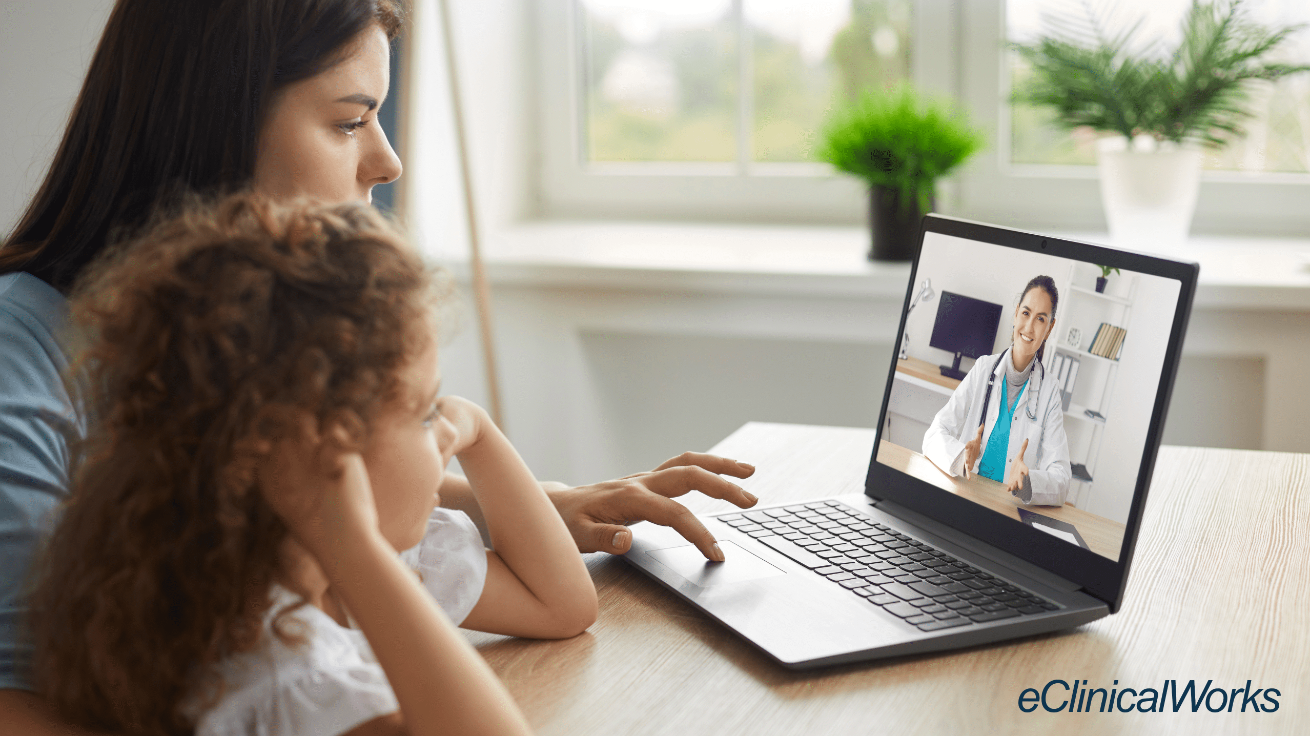 mother and daughter on a telemedicine visit with female provider on the laptop using medical AI scribe to document the visit