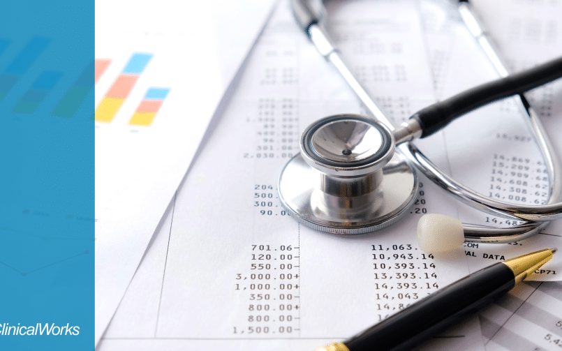 stethoscope and pen on top of medical billing paperwork and charts