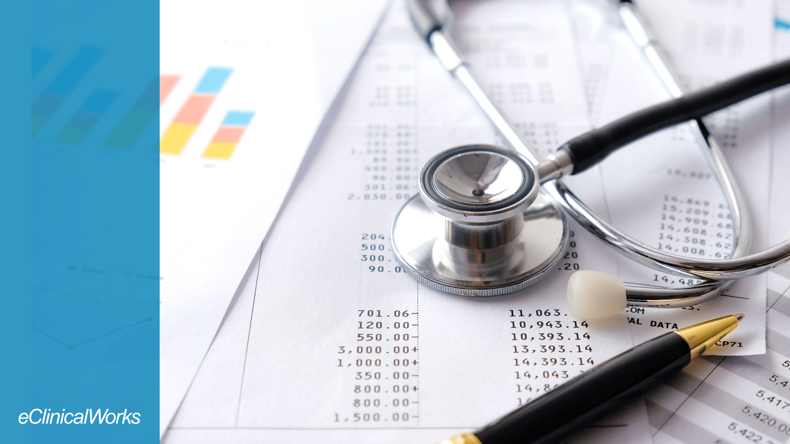 stethoscope and pen on top of medical billing paperwork and charts