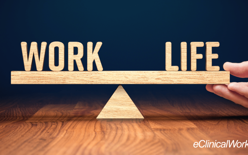 wooden scale with words work and life on either side and a hand holding the scale and the eClinicalWorks logo in the lower right corner