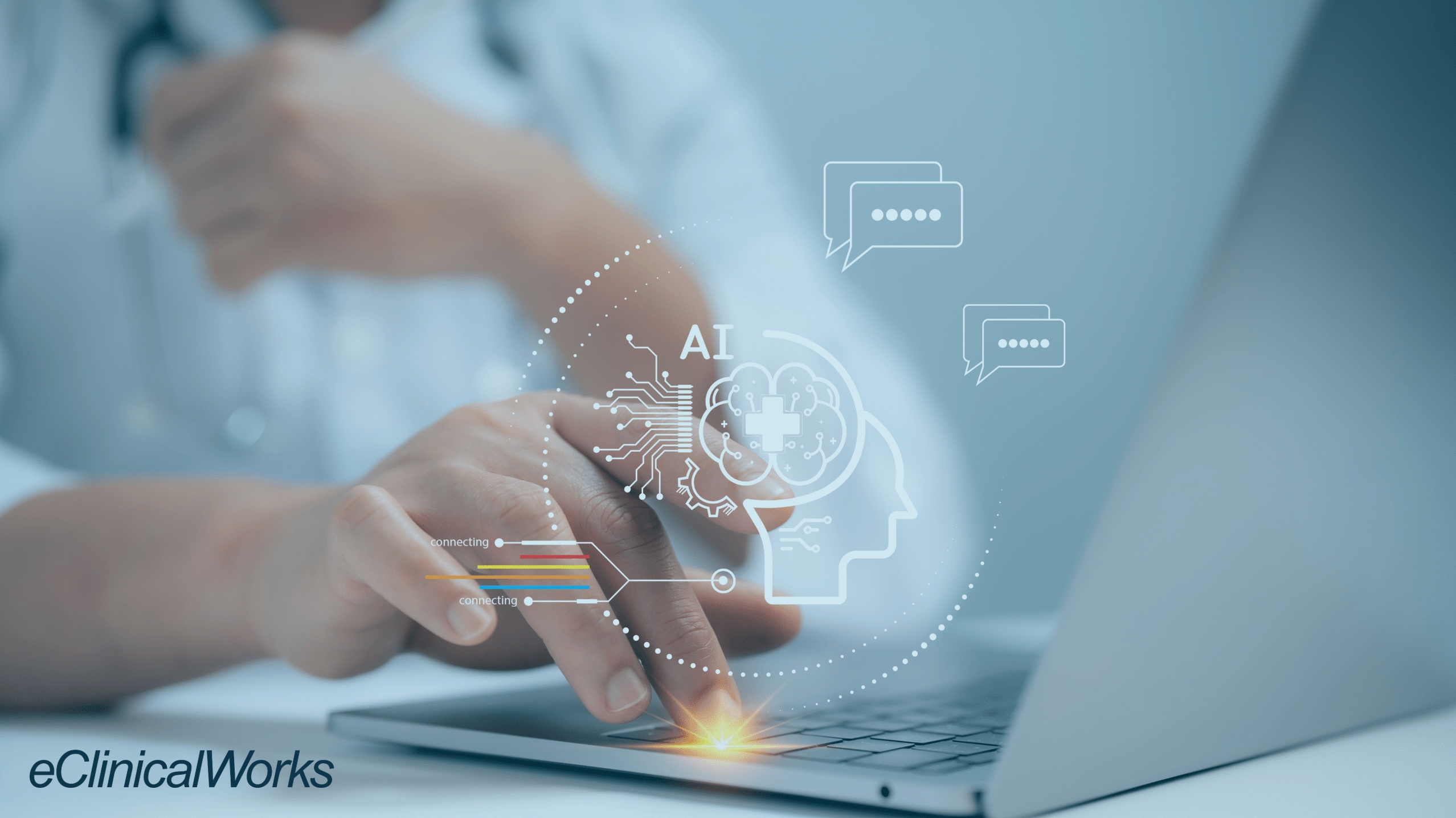 AI graphic RPA on top of computer with a doctor clicking on the computer