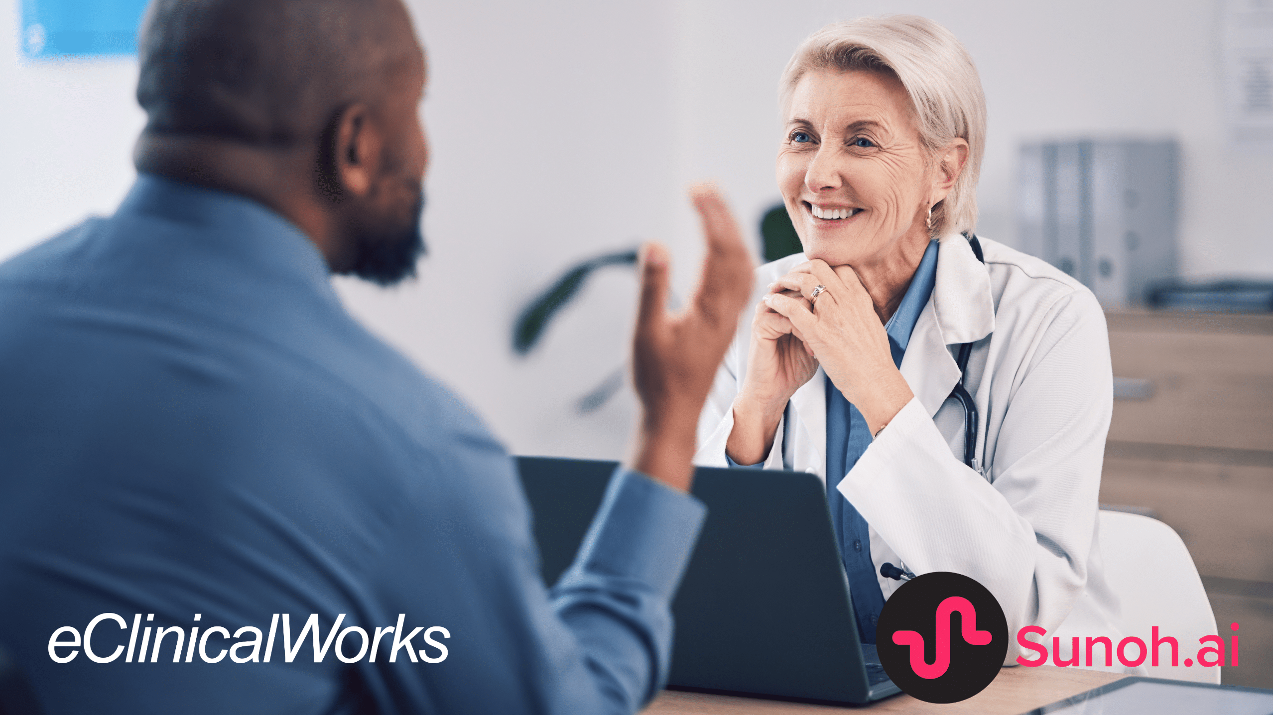 Doctor speaking to patient with a computer in front of her and the eClinicalWorks and Sunoh.ai logos