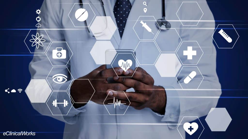 Image of a doctor from the shoulders down in a lab coat, typing on a cellphone. Vector icons of various health icons appear over the image.