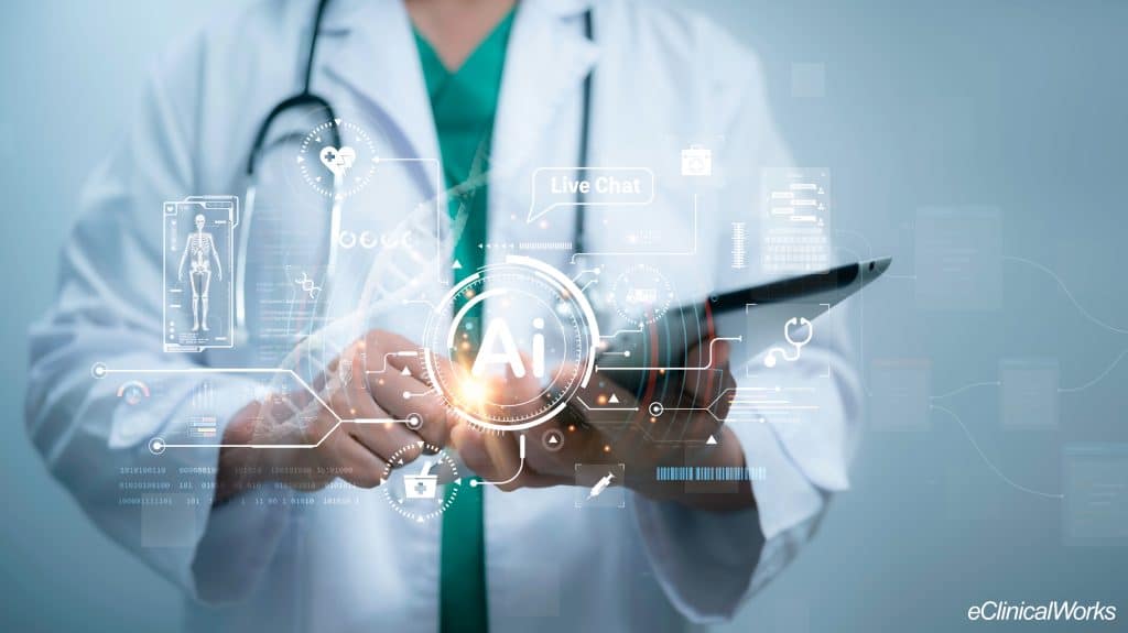 Doctor holder tablet and AI symbols in the center