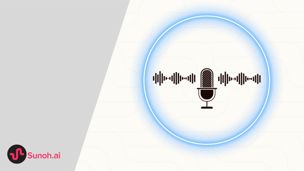 cartoon microphone on screen with blue circle around it and sound waves