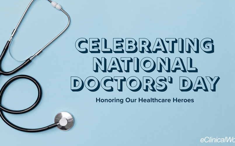 Stethoscope on a blue background with text that reads: Celebrating National Doctors' Day Honoring Our Healthcare Heroes