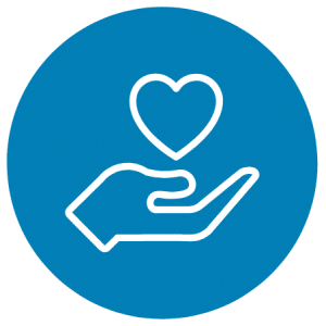 blue and white circle icon with a hand and a heart inside