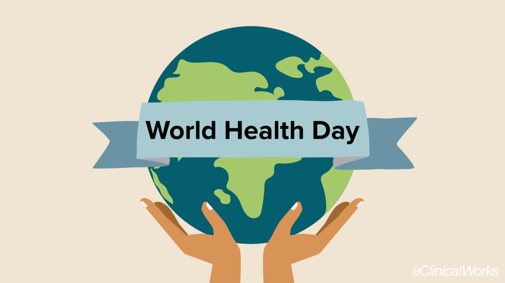 Illustration of 2 hands holding up the world, with a banner across the globe reading: World Health Day
