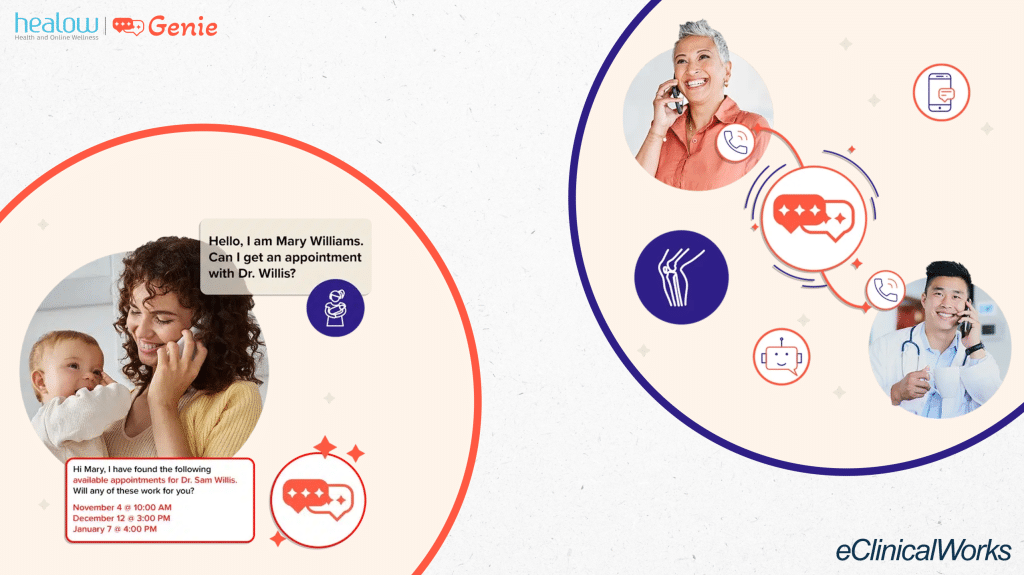 healow Genie, woman shown holding baby on the phone with a doctor. Also shown an older woman on the phone with a male doctor.