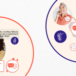 healow Genie, woman shown holding baby on the phone with a doctor. Also shown an older woman on the phone with a male doctor.