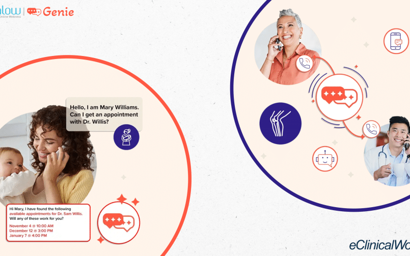 healow Genie, woman shown holding baby on the phone with a doctor. Also shown an older woman on the phone with a male doctor.