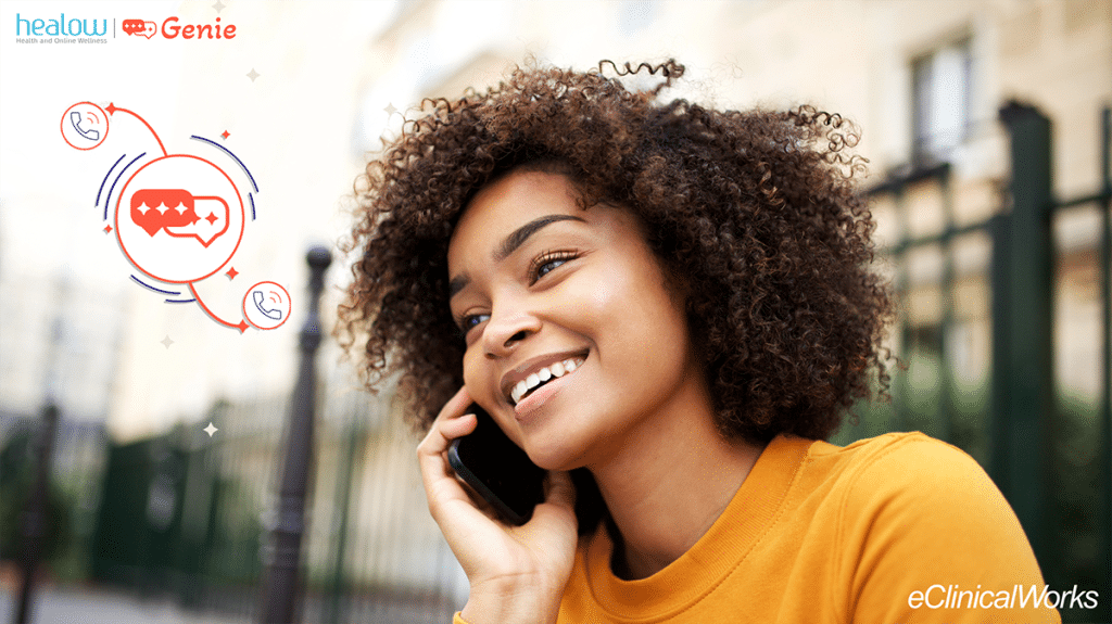 Woman on the phone, with healow genie icon in the left hand corner.