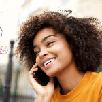 Woman on the phone, with healow genie icon in the left hand corner.