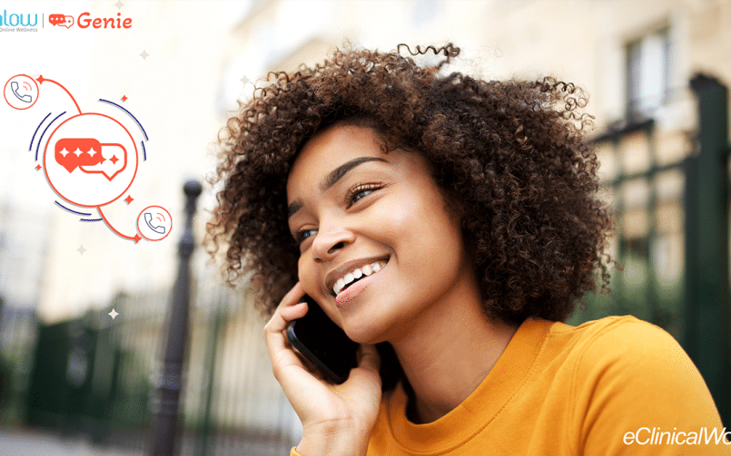 Woman on the phone, with healow genie icon in the left hand corner.