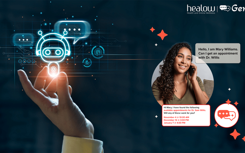 bot on screen in a hand, with person on the phone representing AI contact center solution, healow Genie