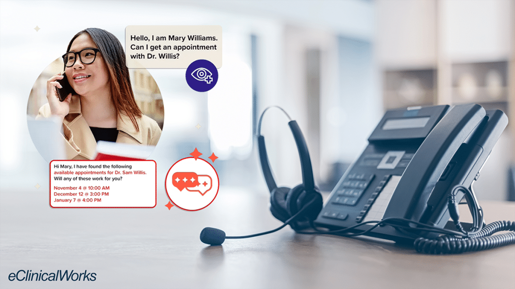 A phone and headset on a desk with an icon of a patient on a cell phone representing how AI is Helping Call Centers Prioritize Patient Needs
