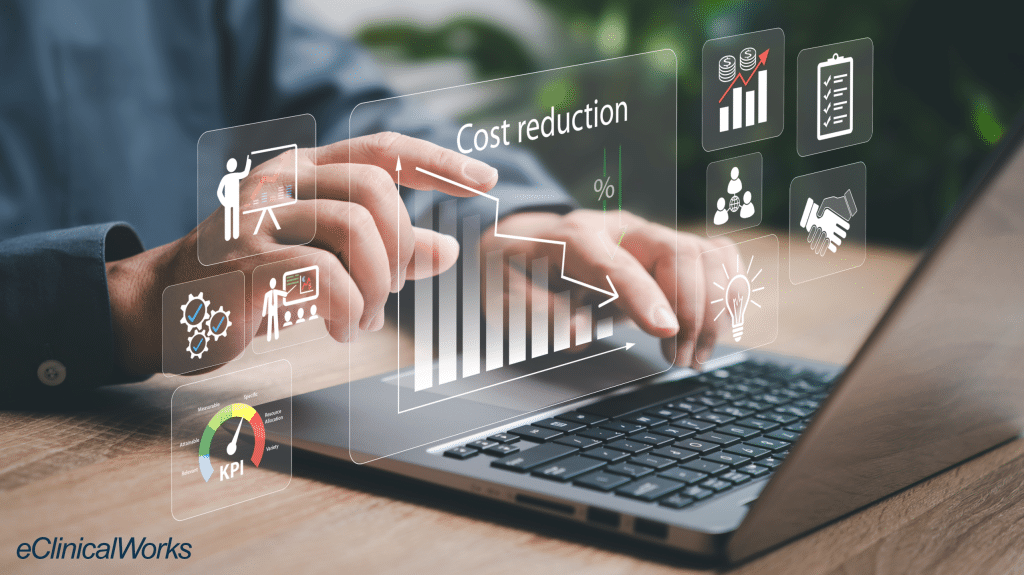 Laptop with overlay over different charts representing Cutting Collection Costs with Revenue Cycle Management
