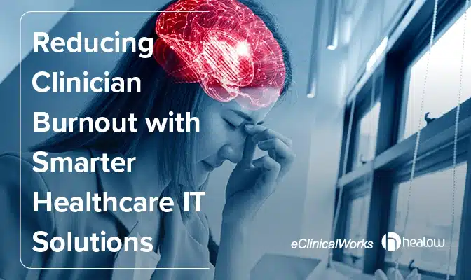 reduce-clinician-burnout-ebook-cover Reducing Clinician Burnout with Smarter Healthcare IT Solutions. eClinicalWorks and healow Logo. eBook cover design. A woman straining to concentrate with an image of a brain overlayed on her head indicated burnout.