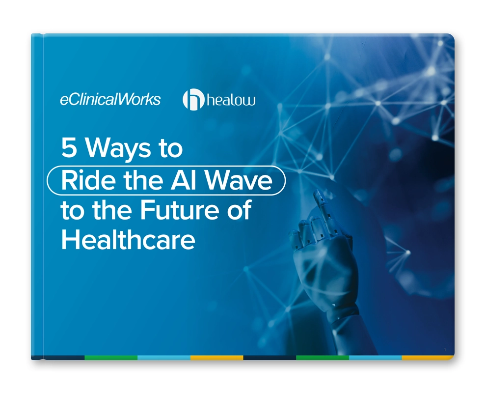 eClinicalWorks and healow Logo. 5 ways to Ride the AI Wave to the Future of Healthcare