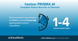 healow PRISMA AI Complete Patient Records on Demand 50% of respondents using AI assistant for PRISMA are saving 1-4 hours daily gathering patient records in eClinicalWorks 1-4 hours saved daily eclinicalworks.com for more information