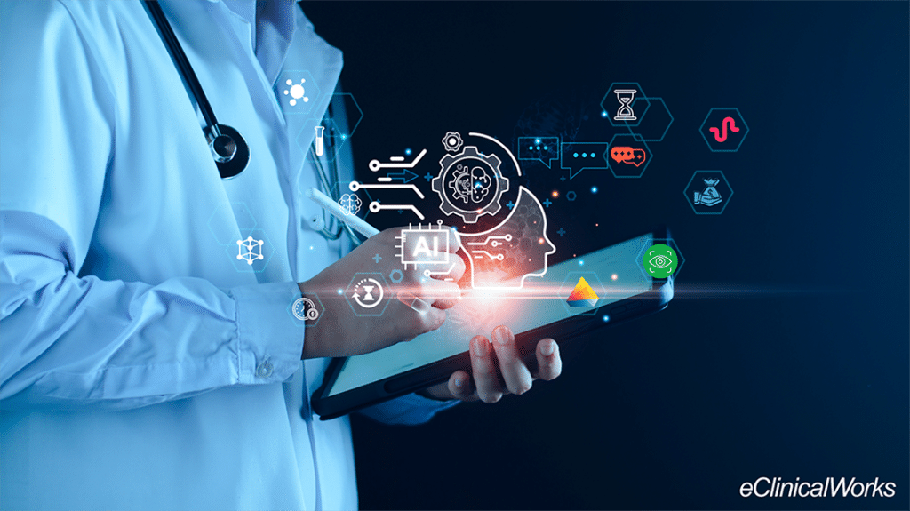 Doctor writing on ipad with icons hovering over it representing AI efficiency