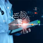 Doctor writing on ipad with icons hovering over it representing AI efficiency