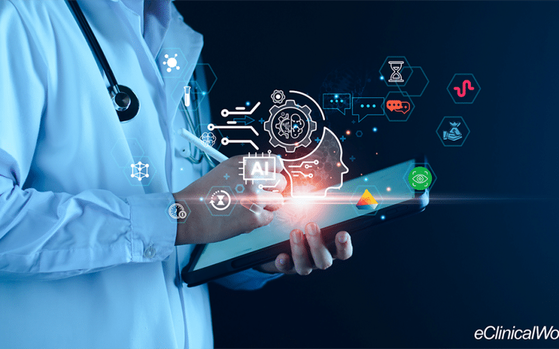 Doctor writing on ipad with icons hovering over it representing AI efficiency