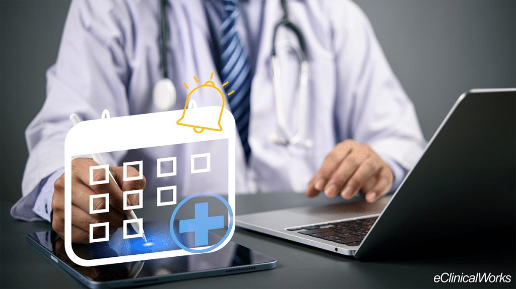 Doctor sitting at a desk with scheduling calendar icon overlaid on top representing digital scheduling and online appointment booking