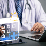 Doctor sitting at a desk with scheduling calendar icon overlaid on top representing digital scheduling and online appointment booking