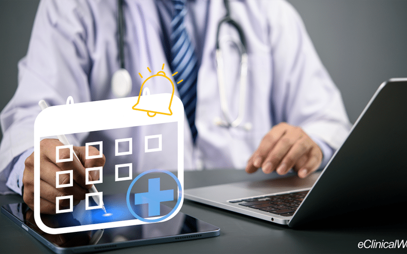 Doctor sitting at a desk with scheduling calendar icon overlaid on top representing digital scheduling and online appointment booking