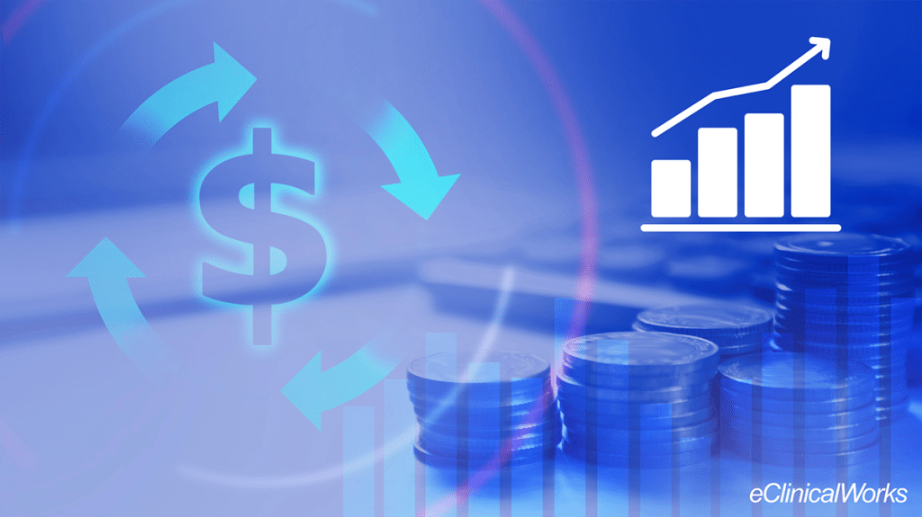 Icons of dollar signs and an increasing graph overlaid on a coin stack photo, representing revenue cycle management