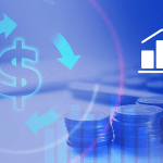 Icons of dollar signs and an increasing graph overlaid on a coin stack photo, representing revenue cycle management